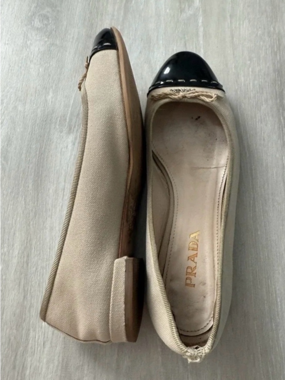 Prada Canvas Cap Toe Ballet Flats Beige Black Women Sz 7 - Picture 5 of 15